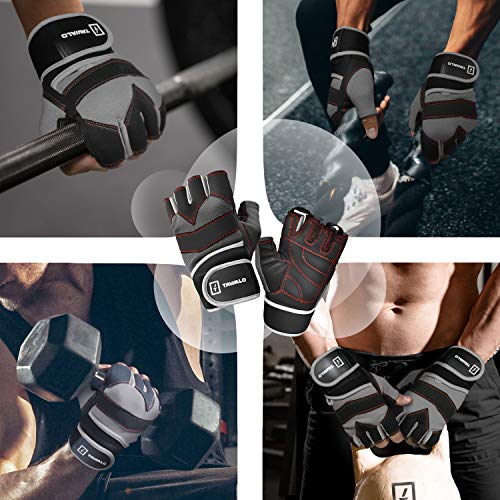 TAVIALO Guantes de Gimnasio Hombre por Musculacion, Fitness, Entrenamiento, Talla M (16-19 cm), Colores Gris, Negro, Costuras Rojas. Guantes de Medio Dedo