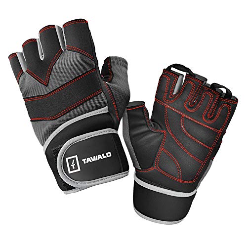 TAVIALO Guantes de Gimnasio Hombre por Musculacion, Fitness, Entrenamiento, Talla M (16-19 cm), Colores Gris, Negro, Costuras Rojas. Guantes de Medio Dedo