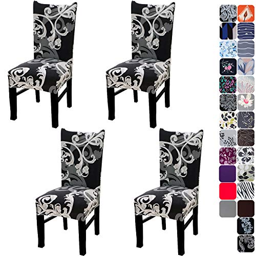 Tavie Fundas Sillas de Comedor Ajustables para Silla Respaldo Alto Juego de 4 Estampado de Flor Marrón Oscuro Elásticas Protector Cubierta Spandex Fiesta Hotel Boda