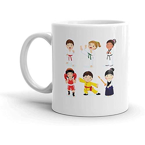 Taza de café divertida - Niños que luchan Judo Taekwondo Karate Kung Fu Boxeo Kendo Taza de café de cerámica, Blanco