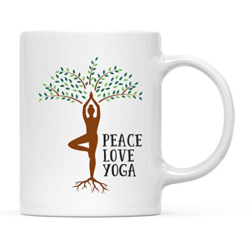 Taza de cerámica para yoga, té, café, regalo, Peace Love Yoga, Poste de árbol, Vrikshasana, ideas de regalo de cumpleaños de Navidad, 15 onzas
