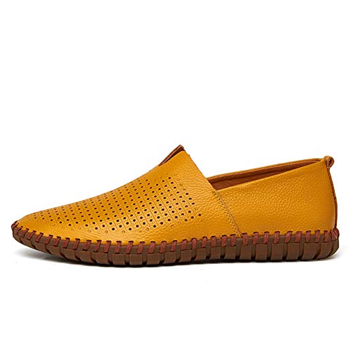 TAZAN Mocasín Que Conduce Zapatos de Cuero para Hombres, música Transpirable e Informal, Botes de Barco, Malla británica, Gran apartamento, Flojo, Vacaciones de Verano,Yellow,46