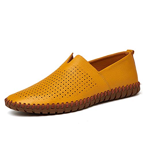 TAZAN Mocasín Que Conduce Zapatos de Cuero para Hombres, música Transpirable e Informal, Botes de Barco, Malla británica, Gran apartamento, Flojo, Vacaciones de Verano,Yellow,46