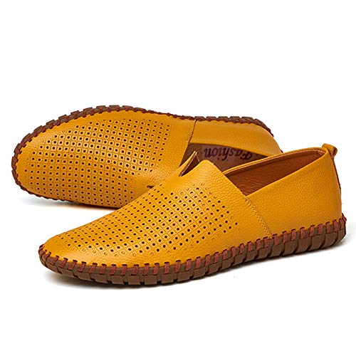 TAZAN Mocasín Que Conduce Zapatos de Cuero para Hombres, música Transpirable e Informal, Botes de Barco, Malla británica, Gran apartamento, Flojo, Vacaciones de Verano,Yellow,46