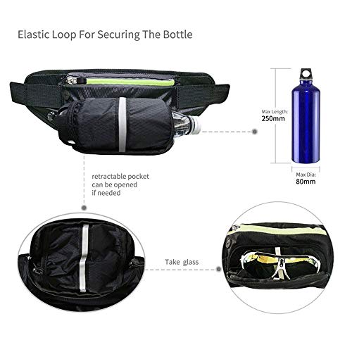 Tcare 1 Unids Cintura Correr Bolsa con Deportes Botella de Agua Holder Hombres Mujeres Correa Cinturón Bolsa Impermeable Paquete Gimnasio Fitness Run Bolsa (Negro)