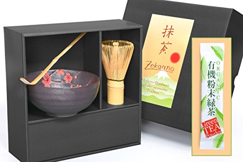 Té Matcha Juego de 3 piezas, antracita rojo, compuesto de té Matcha – Bol, cuchara de té Matcha (y escoba de té Matcha (bambú) en caja de regalo. Original Aricola®