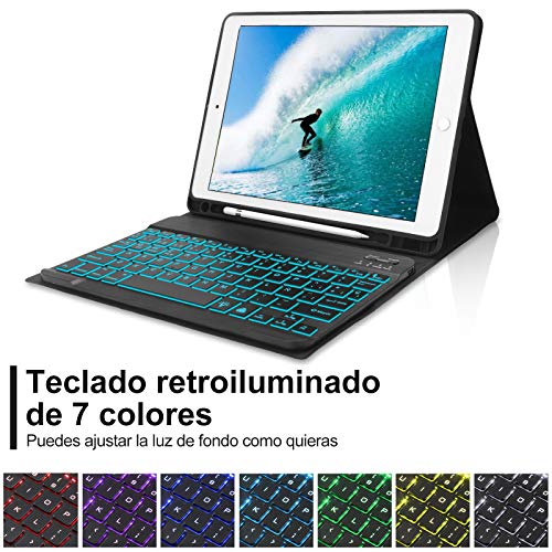 Teclado iPad 10.2 Español,DINGRICH Funda Teclado (Incluye Ñ) para iPad 10.2 2019 2020 8 Generacion/7 Generación 2019/iPad Pro 10.5 2017/Air 3,Bluetooth 7 Colores Retroiluminados Desmontable Negro