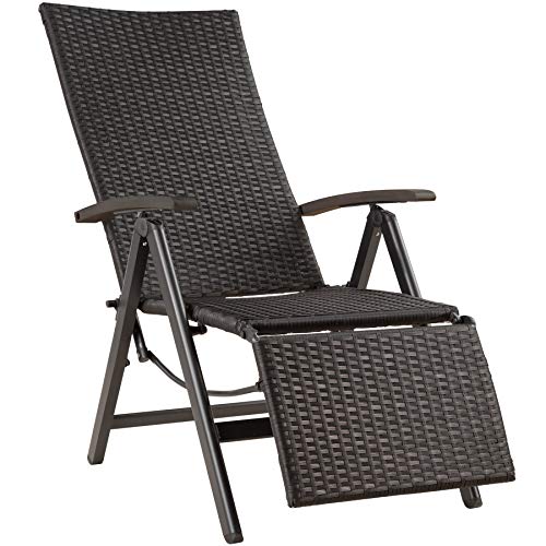 TecTake 800720 Sillón con Reposapies & Reposabrazos, Asiento Trenzado en Poliratán, Ideal Jardín Terraza Exterior Interior, 76x57,5x113 cm - Disponible en Diversos Colores (Negro | No. 403218)