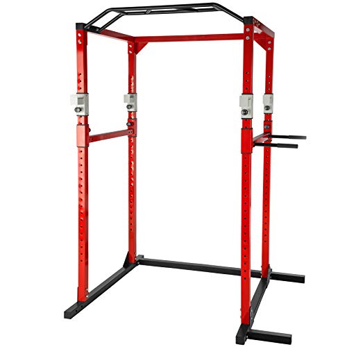 TecTake Multiestación de Fitness para Entrenamiento | 2 puntales de Seguridad macizos | Barras de dips acoplables Modelos (Rojo Negro | No. 402739)