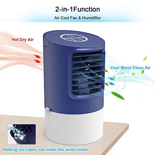 TedGem Ventilador Aire Acondicionado Portatil, Aire Acondicionado Pequeño Air Cooler, 4 en 1 Enfriador de Aire, Ventilador Humidificador, 7 Luces LED, 3 Velocidades, para el Hogar y la Oficina (Azul)