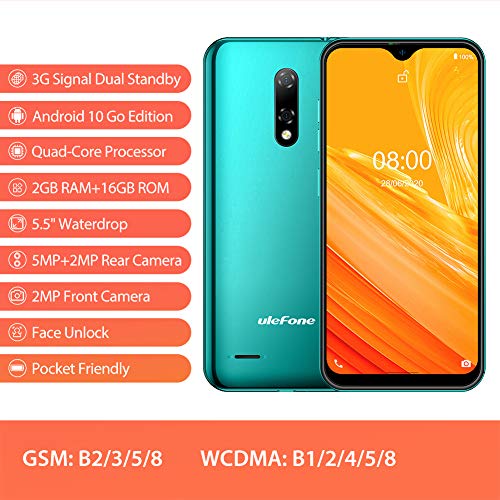 Teléfono Móvil Libre, Ulefone Note 8 Android 10 3G Smartphone Libre, 2GB RAM 16GB ROM (128GB SD) Smartphone, Pantalla 5.5" Water-Drop Screen Movil, 5MP + 2MP + 2MP, Dual SIM, Face ID, GPS (Verde)