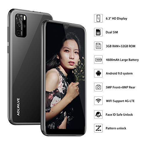 Teléfono Móvil Libres, 3GB RAM/32GB ROM Moviles Libres Baratos 4G,6,3 Water-Drop Pulgadas, Android 9.0, 4600mAh Batería, Smartphone Barato Dual SIM, Cámara 8MP, Face ID Smartphone Libre (Negro)