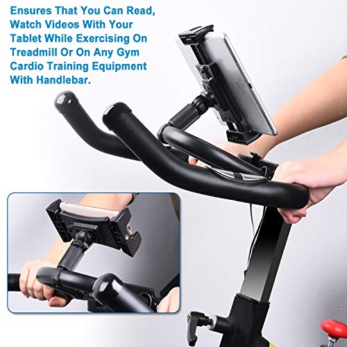 Tendak Soporte de bicicleta estática para tablet, portátil Reposacabezas Caminadora Ejercicio Gimnasio Manillar Micrófono Soporte 360° ajustable para iPad Pro, iPad Mini 4.7-12.9" Tabletas Teléfono