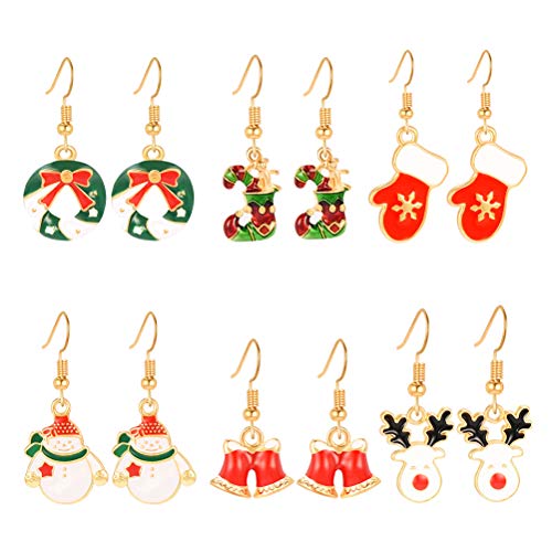 TENDYCOCO 6 Pares de aretes de Gancho de Navidad Set Guantes Medias Pendientes Colgantes joyería de Oreja Festiva para Mujeres de Fiesta