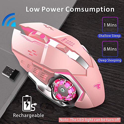 TENMOS T85 Raton Inalambrico Gaming,2.4G USB LED Recargable Inalámbrico silencioso óptico, Sleep Automático, 3 dpi Ajustable, 6 Botones para Mac/PC/Portatil/Ordenador (Rosa)