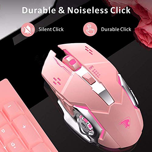 TENMOS T85 Raton Inalambrico Gaming,2.4G USB LED Recargable Inalámbrico silencioso óptico, Sleep Automático, 3 dpi Ajustable, 6 Botones para Mac/PC/Portatil/Ordenador (Rosa)