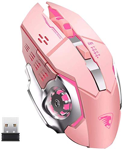 TENMOS T85 Raton Inalambrico Gaming,2.4G USB LED Recargable Inalámbrico silencioso óptico, Sleep Automático, 3 dpi Ajustable, 6 Botones para Mac/PC/Portatil/Ordenador (Rosa)