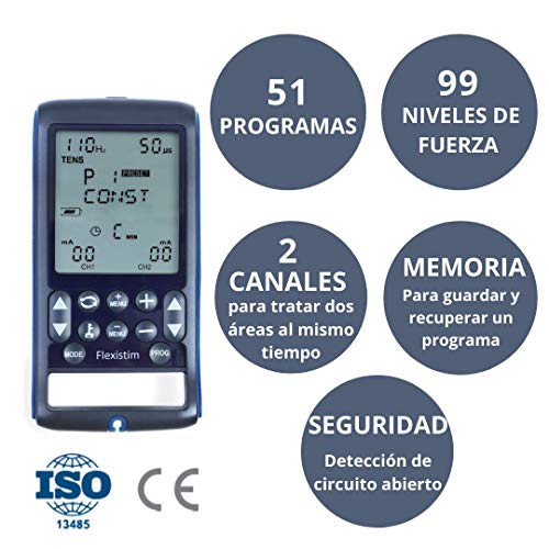 TensCare Flexistim& 12 electrodos - Electroestimulador Completo con 4 terapias: EMS, Tens, Ift y Microcorriente. Dispositivo pequeño Pero potente, con mas de 50 programas