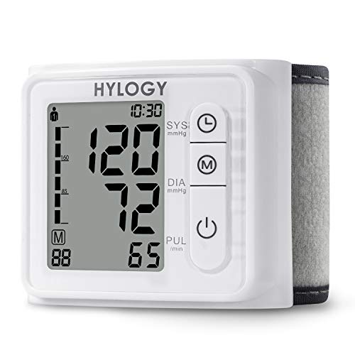 Tensiómetro de muñeca,HYLOGY Monitor de Presión Digital de presión arterial y pulso totalmente automática con 2 * 90 memorias, alta precisión, pantalla LCD, portátil para uso doméstico