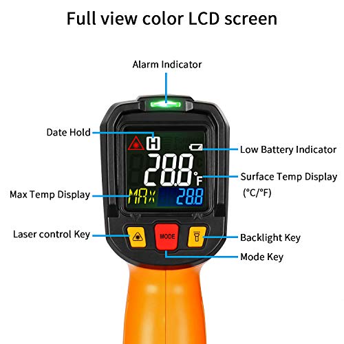 Termómetro infrarrojo Janisa sin contacto, con pantalla en color, temperatura de - 50 a + 800 °C, con apertura de 12 puntos, función de alarma