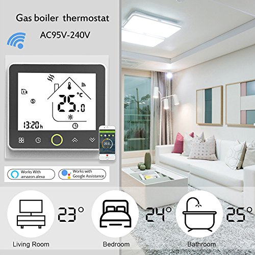 Termostato WiFi para caldera de gas, termostato inteligente pantalla LCD (TN pantalla) Touch Button retroiluminado programable con Alexa Google Home y teléfono APP-blanco/negro