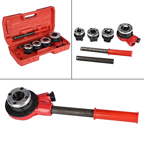 Terrajas Roscar Cabezales, Universal Multifuncional 4 Matrices Pipe Threader Tool Set, Plumbing Pipe Thread Kit Que Incluye 1/2"3/4" 1"1-1/4" Durable Juego de Roscado de Tubería de Hierro Fundido