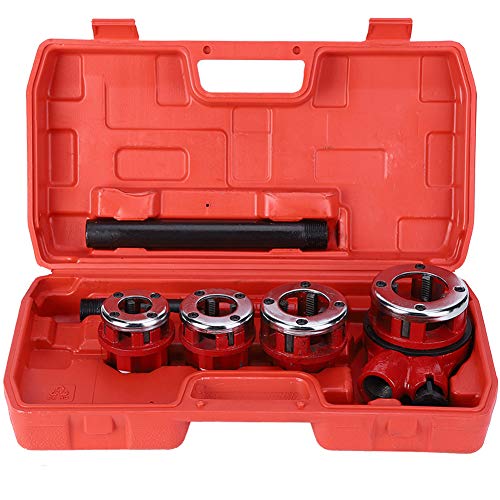 Terrajas Roscar Cabezales, Universal Multifuncional 4 Matrices Pipe Threader Tool Set, Plumbing Pipe Thread Kit Que Incluye 1/2"3/4" 1"1-1/4" Durable Juego de Roscado de Tubería de Hierro Fundido