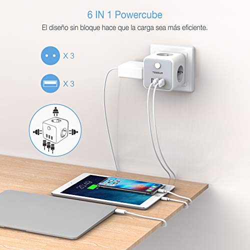 TESSAN Enchufe USB, 6 en 1 Powercube Ladron Enchufes Triple con 3 puertos USB(3A),Cubo Enchufe Multiple Pared con Interruptor, Cargador USB Compatible con iPhone, iPad, Ladron USB para Hogar Oficina