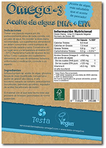 Testa Omega-3 Aceite de Algas cápsulas de 450mg Omega-3 Vegano DHA + EPA - (60 cápsulas) Testa Omega-3 Aceite de Algas cápsulas de 450mg Omega-3 Vegano DHA + EPA - (60 cápsulas)