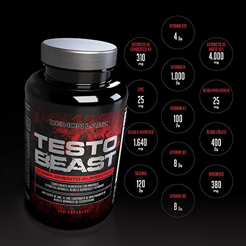 Testo Beast - Hardcore Testosterona para Hombres - Alto en Zinc que contribuye a los niveles normales de testosterona - 120 cápsulas, 30 porciones