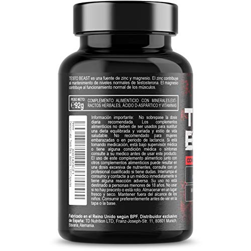 Testo Beast - Hardcore Testosterona para Hombres - Alto en Zinc que contribuye a los niveles normales de testosterona - 120 cápsulas, 30 porciones