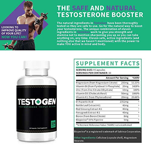 TestoGen Potenciador de Testosterona de Triple Acción con poderosos ingredientes naturales, ayuda a mejorar la resistencia, la fuerza y ​​la energía x 5 (600 cápsulas)