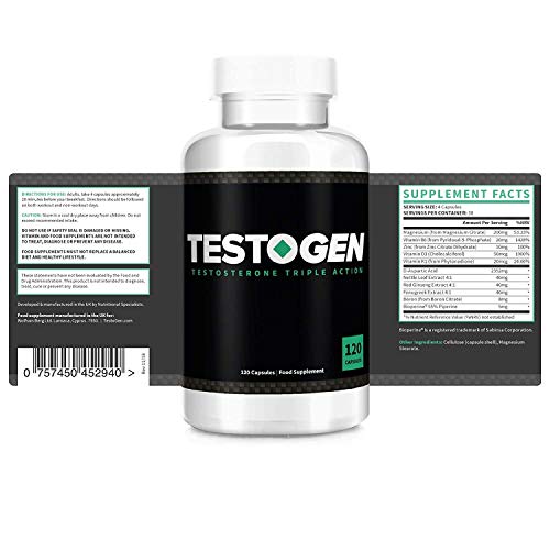 TestoGen Potenciador de Testosterona de Triple Acción con poderosos ingredientes naturales, ayuda a mejorar la resistencia, la fuerza y ​​la energía x 5 (600 cápsulas)