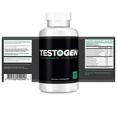 TestoGen Potenciador de Testosterona de Triple Acción con poderosos ingredientes naturales, ayuda a mejorar la resistencia, la fuerza y la energía x 5 (600 cápsulas) TestoGen Potenciador de Testosterona de Triple Acción con poderosos ingredientes naturales, ayuda a mejorar la resistencia, la fuerza y la energía x 5 (600 cápsulas)