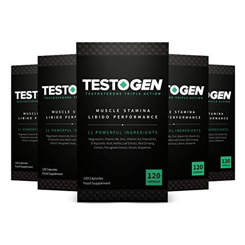TestoGen Potenciador de Testosterona de Triple Acción con poderosos ingredientes naturales, ayuda a mejorar la resistencia, la fuerza y ​​la energía x 5 (600 cápsulas)