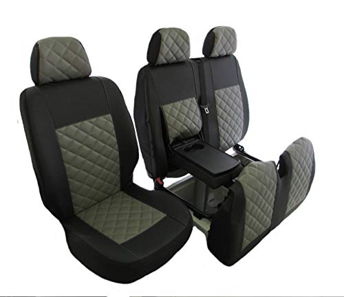 Texmar Designet - Fundas de asiento para Mercedes Spring Craft 2006 – 2018 RHD de piel ecológica y negro y gris (1 individual 1 doble)