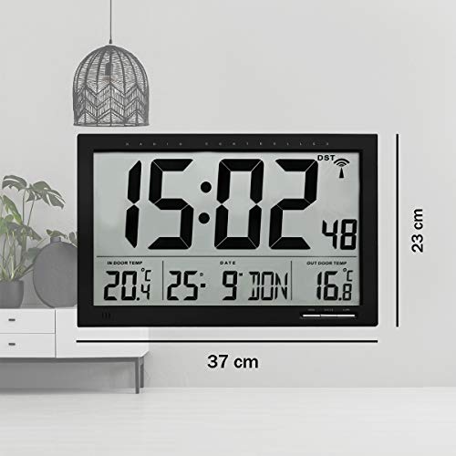 TFA Reloj Digital de Pared Negro con termómetro y Sensor Remoto tamaño XXL