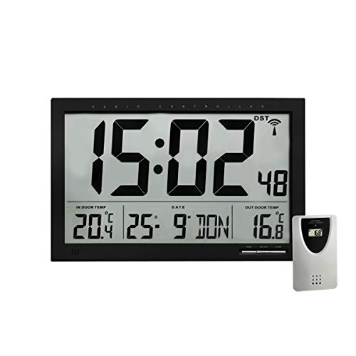 TFA Reloj Digital de Pared Negro con termómetro y Sensor Remoto tamaño XXL