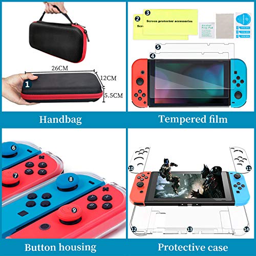 Th-some Kit de Accesorios 14 en 1 para Nintendo Switch, Funda Protectora para Interruptor Nintendo, Cubierta Transparente para Interruptor, Protector de Pantalla, Tapas Empuñadura de Pulgar