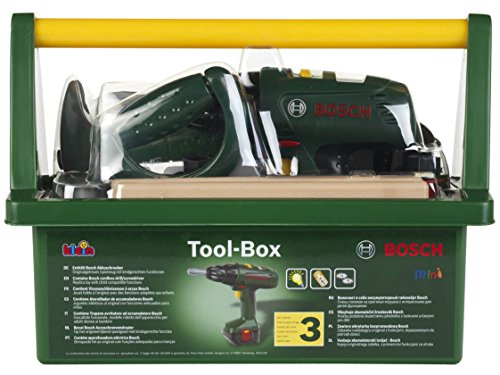 Theo Klein 8429 Caja de herramientas Bosch, Con sierra, martillo, alicates y mucho más, Destornillador eléctrico a pilas, Medidas: 31 cm x 16.5 cm x 22.5 cm, Juguete para niños a partir de 3 años