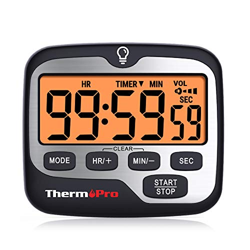 ThermoPro TM01 Temporizador de Cocina Digital con Cuenta Regresiva y Cronómetro Reloj Temporizador Magnético con Alarma Sonora Ajustable y Pantalla LCD Gran Retroiluminación