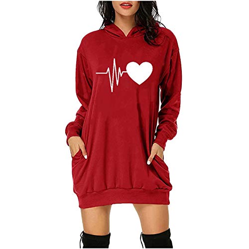 theshyer Sudadera para Mujer Vestido con Capucha y Estampado en Forma de corazón, Camiseta de Manga Larga con Bolsillos, suéter con Capucha de Color Natural