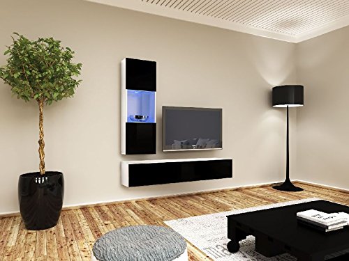 THETA DESIGN by Homemania Puerto TV, Mueble para la televisión Bilbao, Cuerpo: Blanco Mate, Frente: Negro Brillante PVC