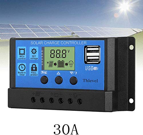 Thlevel 30A Controlador de Carga Solar 12V/24V Panel Solar Inteligente Controlador de Carga con Pantalla LCD y Doble Puerto USB para Panel Solar Lámpara Batería y Iluminación LED (30A)
