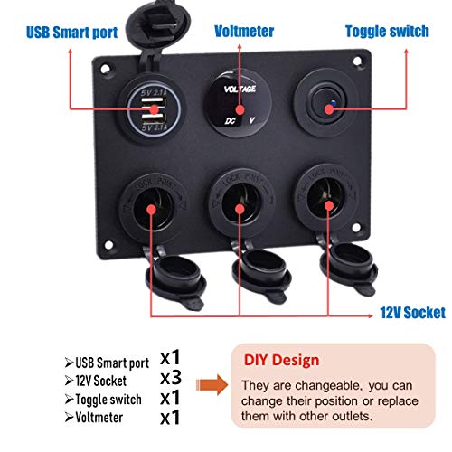 Thlevel Panel Multifuncional del Enchufe del Cargador del Coche con Cargador Dual de Toma USB, Encendedor de Cigarrillos, Voltímetro LED, Panel para Interruptores, para Marina, Barco, Coche, Camión