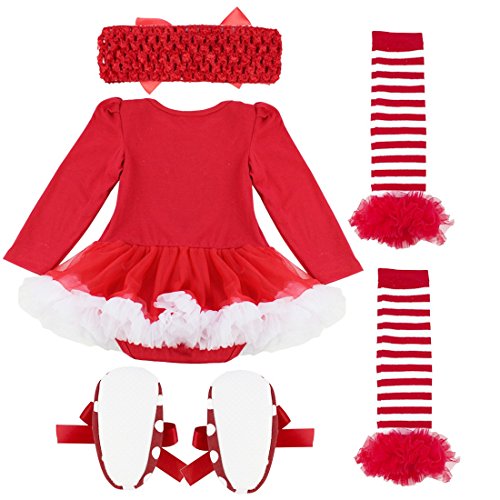 TiaoBug 4 Piezas Disfraz Navidad Bebés Recién Nacido Ropa Navideño Elfo de Primer Navidad Dibujos Vestido Princesa Niña Bebé con Tutú Zapatos Infántil Rojo Reno 0-3 Meses