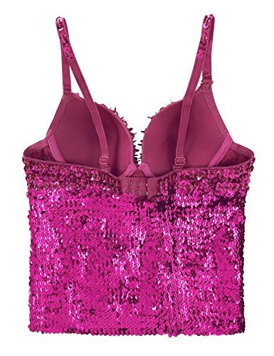 TiaoBug Crop Tops Tirantes Mujer Lentejuelas Sexy Sujetador Exterior con Aros Camiseta Deportiva de Danza Contemporánea Hip Hop Jazz Bustier Fiesta Clubwear Rosa Oscuro One Size