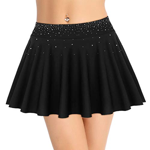 TiaoBug Falda Deportiva Mujer de Patinaje Artistico Falda de Danza Ballet Gimnasia Rítmica Cintura Alta Elástica Falda Corta Mujer de Fiesta con Estrás Brillo Negro Small