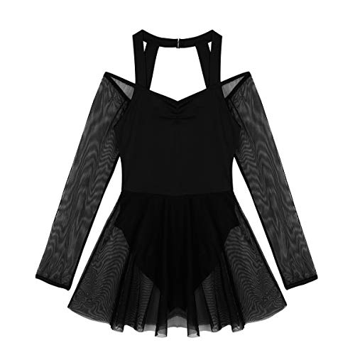 TiaoBug Leotardo Deportivo de Danza Ballet Vestido de Baile Manga Larga Cuello Cogido con Correas Espalda Básica Maillots Mujer Negro M