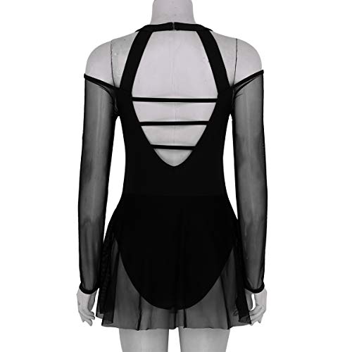 TiaoBug Leotardo Deportivo de Danza Ballet Vestido de Baile Manga Larga Cuello Cogido con Correas Espalda Básica Maillots Mujer Negro M